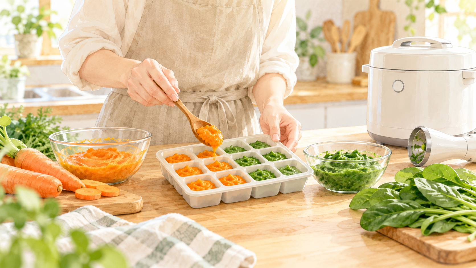野菜をやわらかく調理し、小分けトレーに離乳食を詰める様子