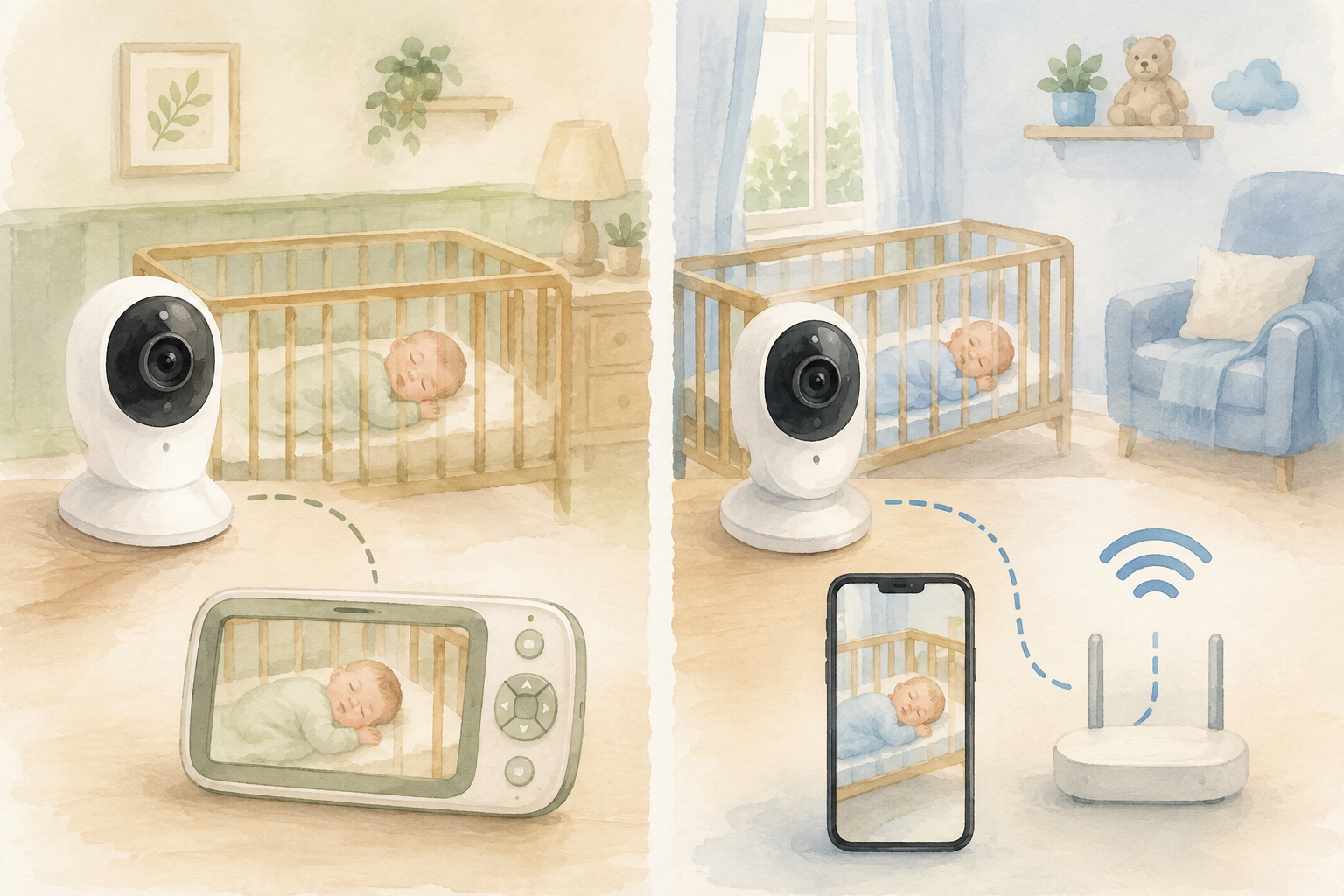 専用モニター型とWi-Fi・スマホ型ベビーモニターの違いを示すイラスト