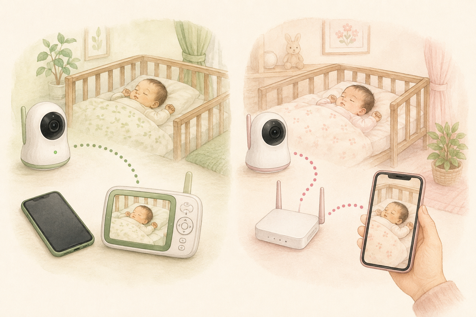 専用モニター型とWi-Fi・スマホ型ベビーモニターの通信方法を比較したイラスト