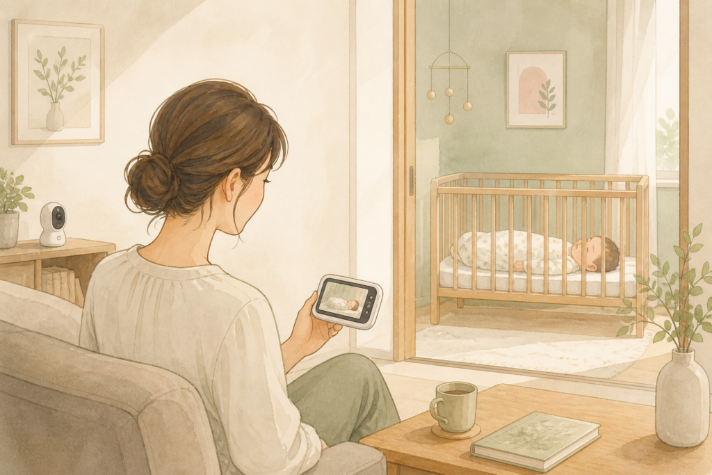 別室で眠る赤ちゃんをベビーモニターで見守る保護者のイラスト