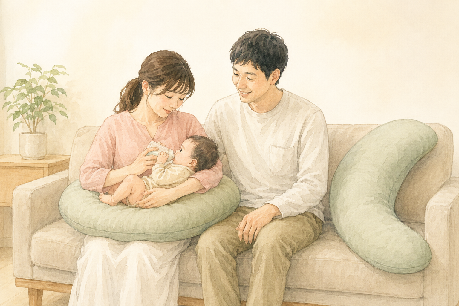 買ってよかった育児用品について話す両親と、授乳クッションでミルクを飲む赤ちゃん