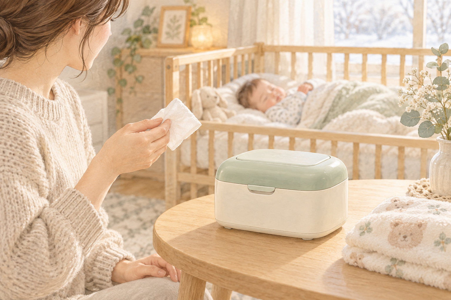 ミルキーグリーンのおしりふきウォーマーと眠る赤ちゃんのイラスト
