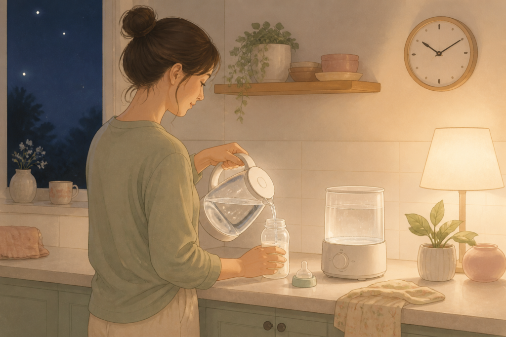 夜間に調乳用のお湯を哺乳瓶へ注ぐ保護者のイラスト
