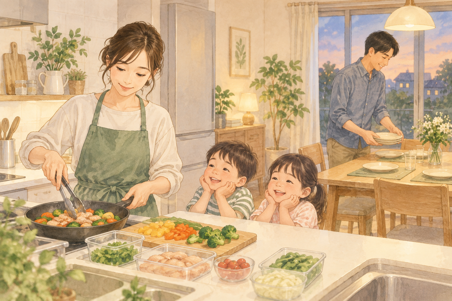 共働き家庭が子どもを見守りながらミールキットで夕食を作るイメージ
