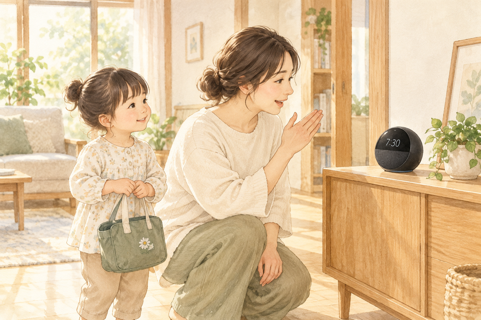Echo Spotに話しかけて子どもの予定や持ち物を確認する親子のイラスト