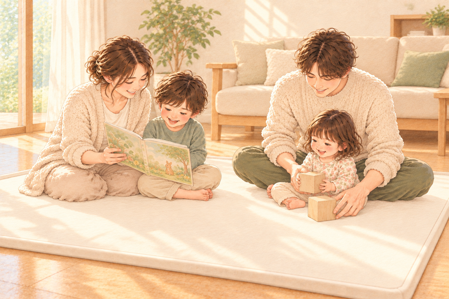 リビングのプレイマットで母と長男が絵本を読み、父と長女が積み木で遊ぶ4人家族のイラスト