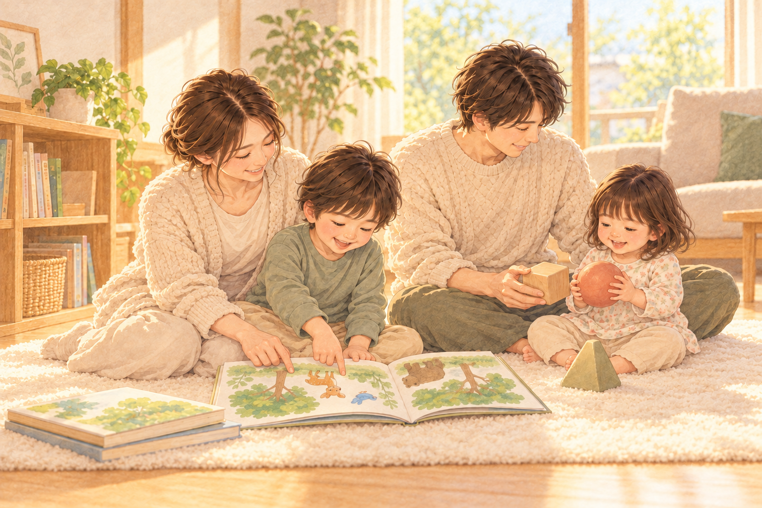 子どもに向けた絵本を読む母と長男、積み木で遊ぶ父と長女の4人家族のイラスト